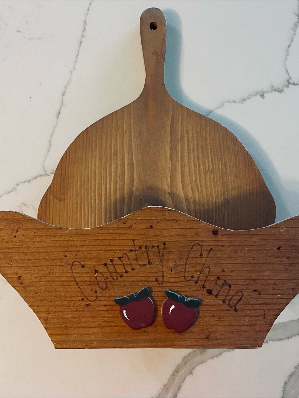 Country Charm Wooden Wall Pocket in Brown with Red Apple Accents